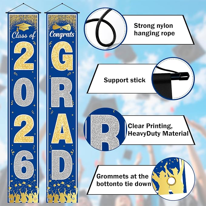OHOME Graduation Decorations 2026 2027- Blue Gold Congrats Grad Porch Banner - Image 4
