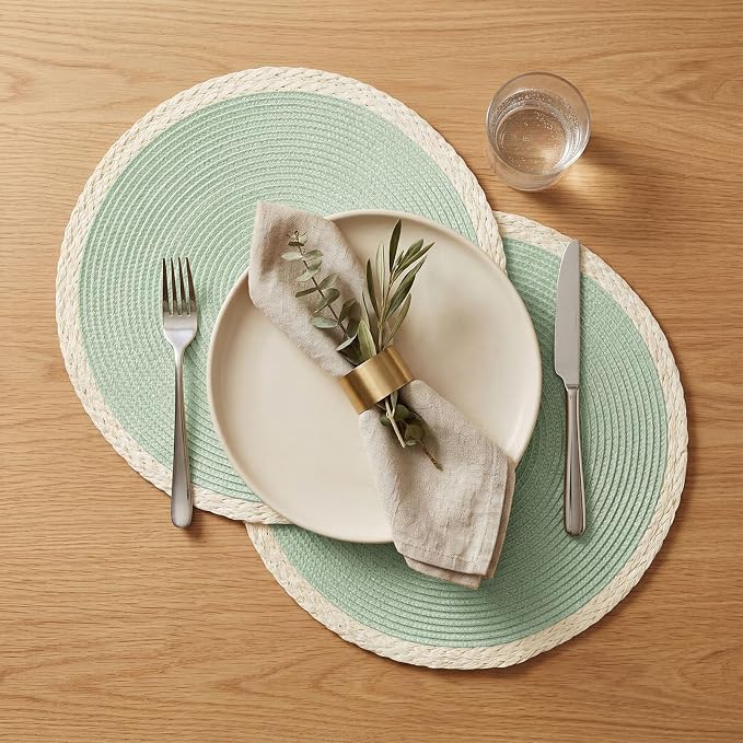 Round Placemats Set of 6, Woven Table Mats, Mint Green | Braided Paper Edge - Image 3