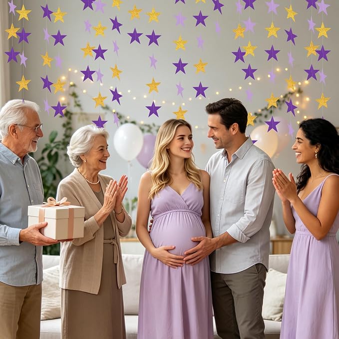 BEISHIDA 6Pcs Purple Gold Paper Star Garland Decor Twinkle Star Banner Backdrop - Image 5