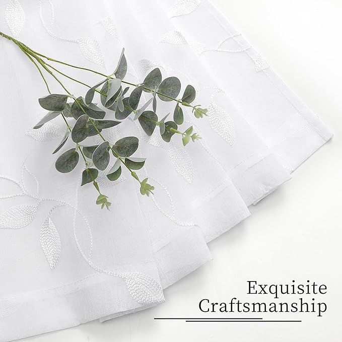 Tollpiz White Leaf Sheer Tier Curtains Leaves Embroidered Kitchen Short Curtain - Image 7