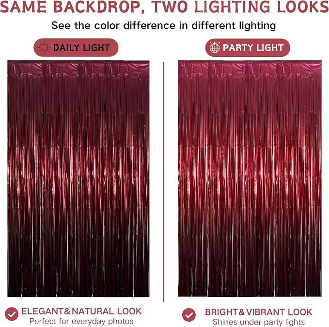 Matte Burgundy Foil Fringe Tinsel Backdrop, 2 Pack, 3.3 x 6.6 Ft | Matte Maroon - Image 2