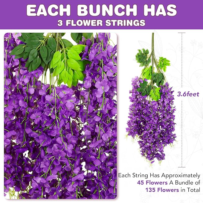 Wisteria Hanging Flowers,Fake Hanging Flowers,Wisteria artificiales Garland for Home Wedding Arch Floral Party Garden Ceremony Outdoor Decor,3.6 feet Long(48,Purple)