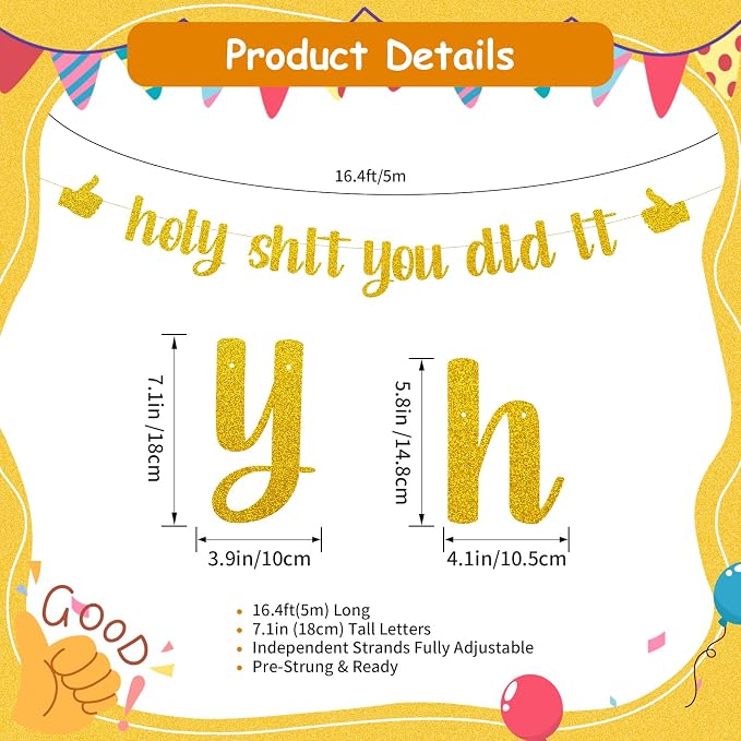 Funny Grad Banner Holy Shit You Did It Banner – Pre-Strung Glitter Graduation - Image 2