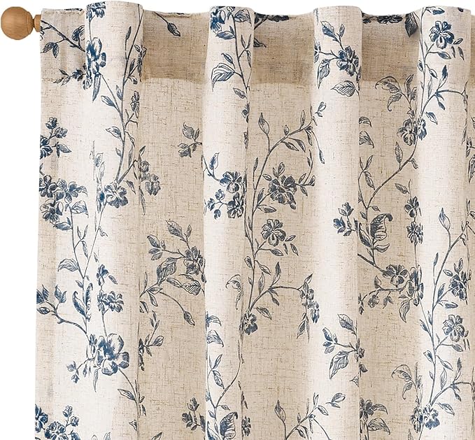 Blue Vintage Floral Linen Curtains Farmhouse 38W X 63L 2 Panels | Elisa Series by Lazzzy