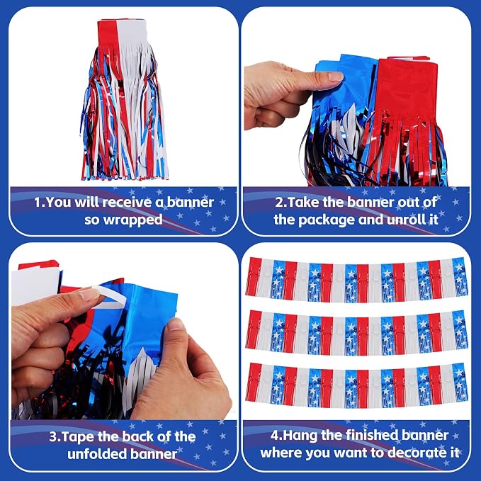 BEISHIDA Star Fringe Garland Banner 3Pack 30ft Wall Tinsel Foil Streamers | Red - Image 3