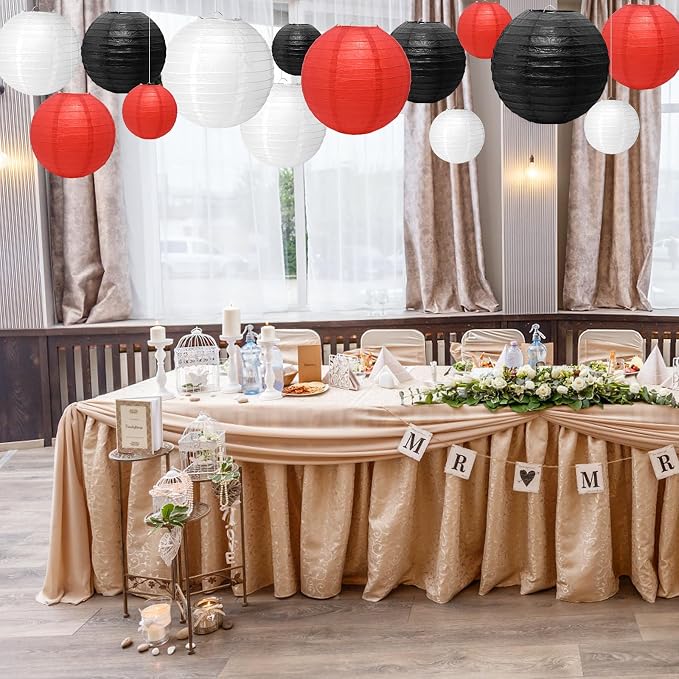 21Pcs Black Red White Paper Lanterns, 4-10in Round Hanging Decor, Parties | - Image 5