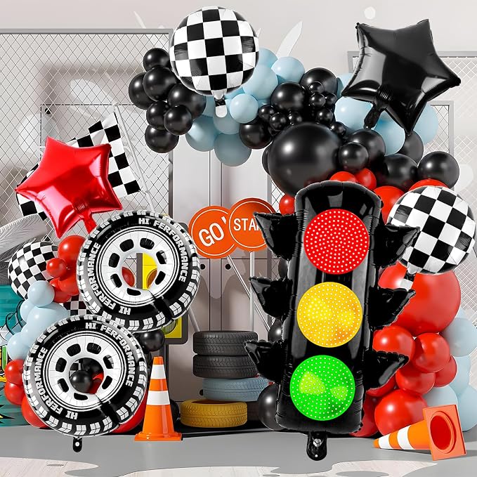 Race Car Party Balloon Set 7pcs Traffic Light, Checkered Balloons, Tire Wheel - Image 4