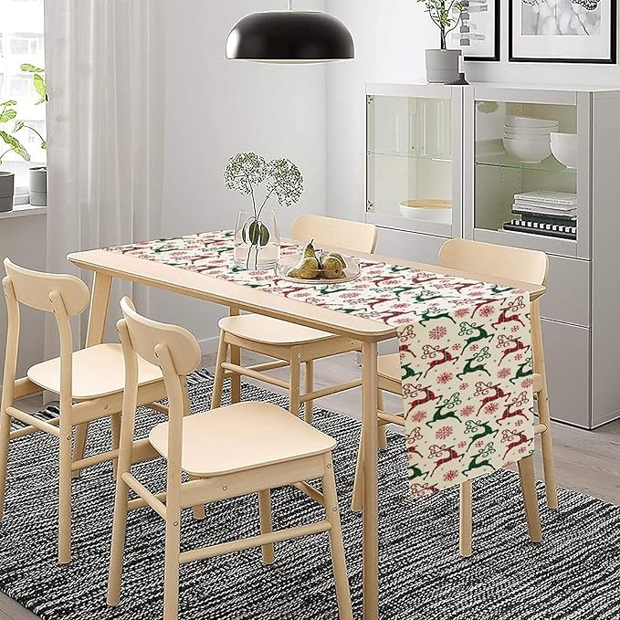 Christmas Table Runner,Christmas Plaid Deer Print Farmhouse Table Cloth Kitchen Dining Table Decoration for Home Party Decor 13x120 Inch