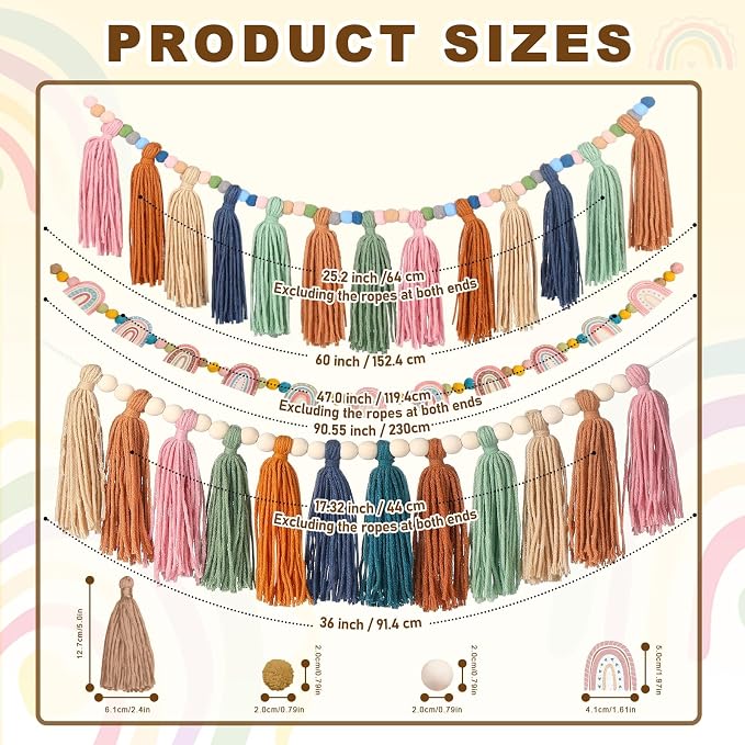 Janinka 4 Pcs Boho Tassel Garlands Rainbow Pom Pom Garland - Image 3