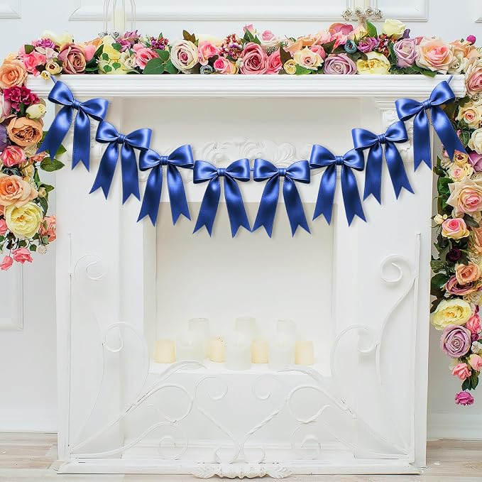 1 String of 8PCS Navy Blue Bow Garland Banner Decoration, Pre-Strung Satin by Unknown