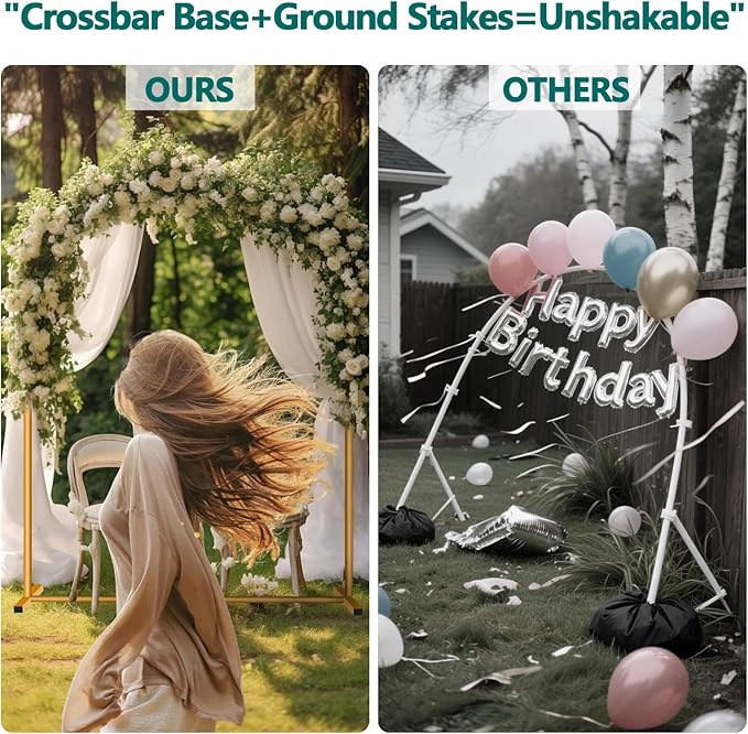 Metal Arch Backdrop Stand Set- Heavy Duty Rust-Proof Wedding Decoration Frame with Crossbar Base - Easy Assembly for Party, Photo Booth, Balloon & Flowers Decor (Gold, 6.6FT)