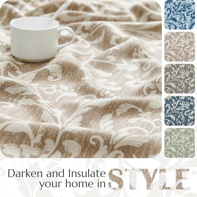 Taupe Floral 100% Blackout Curtains 96 Inch Vintage Grommet 2 Panels | Room - Image 5