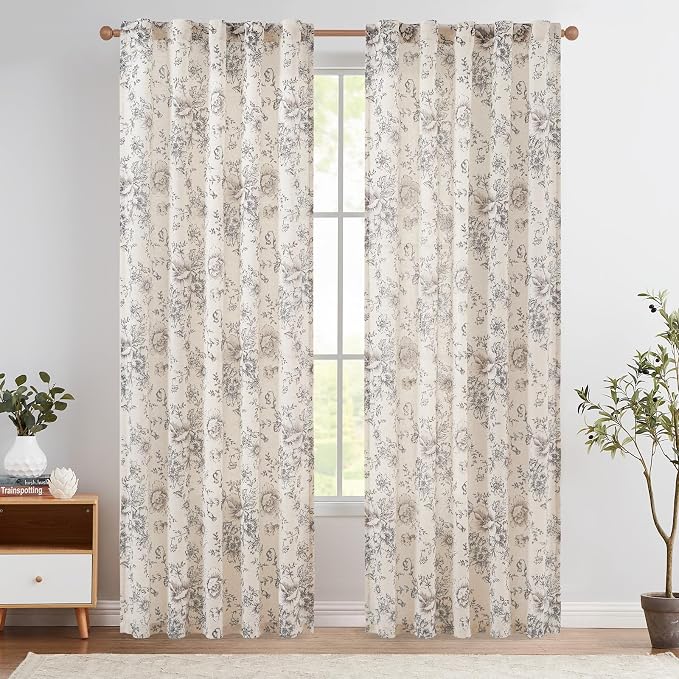 jinchan Black Floral Linen Curtains 90 Inch Vintage Back Tab 2 Panels | Light by JINCHAN