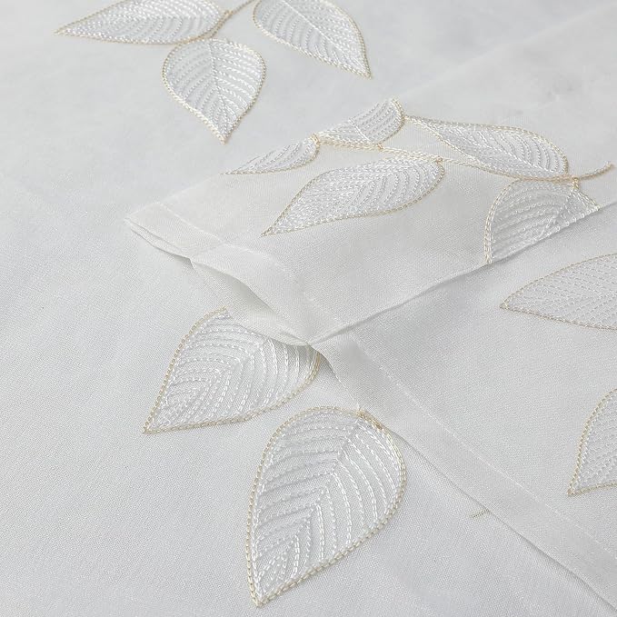 Beige Sheer Curtains Leaf Embroidered 84 Inches Long 2 Panels | Light Filtering - Image 6