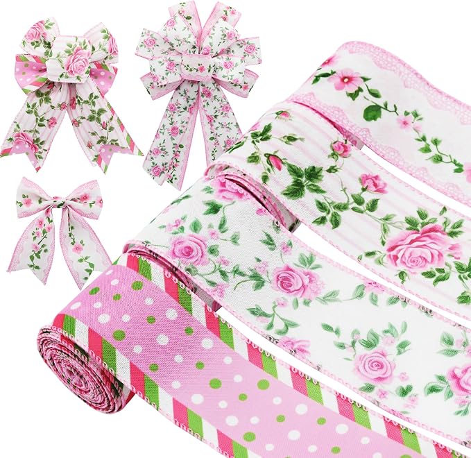 4 Rolls Pink Rose Floral Wired Edge Ribbon – 2.5 Inch, 5 Yards Each, Summer by Unknown