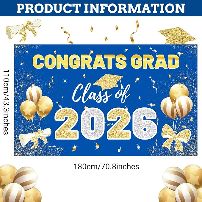 STARSIDE 2026 Graduation Backdrop 70.8x43.3 Inch Blue Gold | Congrats Grad - Image 2