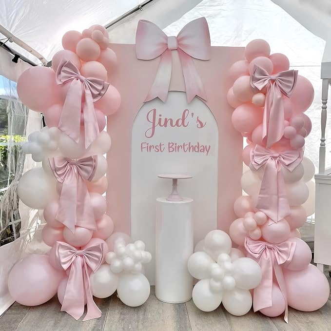 Pastel Pink and White Coquette Balloons Arch, Long Balloon as Bow Decor - Image 6