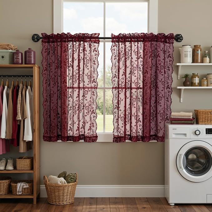 FINECITY Short Burgundy Sheer Curtains Leaf Floral W42 x L36 Inch, 2 Panels | - Image 4