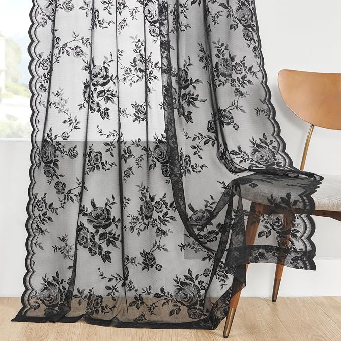 SEEKRIGHT Black Sheer Lace Curtains 96 Inches Long 2 Panels Gothic Floral - Image 5