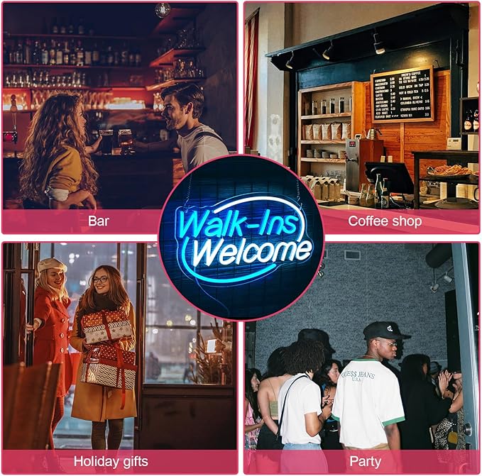 Walk-Ins Welcome Neon Sign, Neon Sign For Wall Decor, Ice blue + white Led Signs Usb Powered, Living Game Room Decor, For Bedroom Restaurant Bar Hotel Shop Party Birthday(16.5x9.4in)