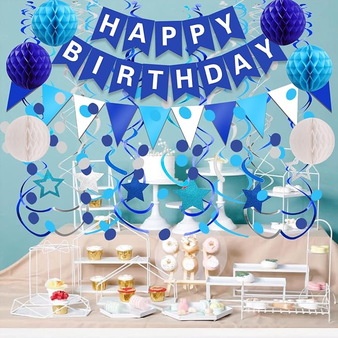 FECEDY Navy Blue Happy Birthday Paper Banner Flag Bunting Circle Confetti - Image 4