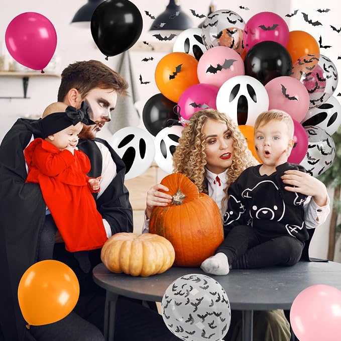 Orange Pink Halloween Balloons, 12 Inch Ghost Balloons, Bat Print Balloon - Image 5