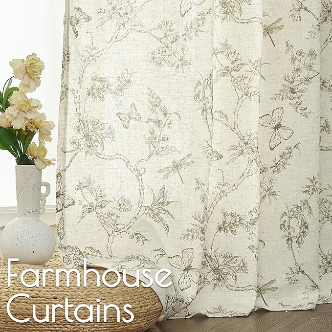 Green Floral Linen Curtains Farmhouse Rod Pocket 50W X 96L 2 Panels | Charlotte - Image 3
