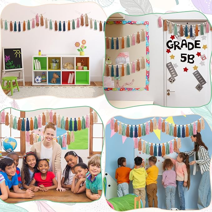 Zeyune 3 Pcs Boho Tassel Garland Boho Rainbow Wall Decor Colorful Pastel Tassel - Image 4