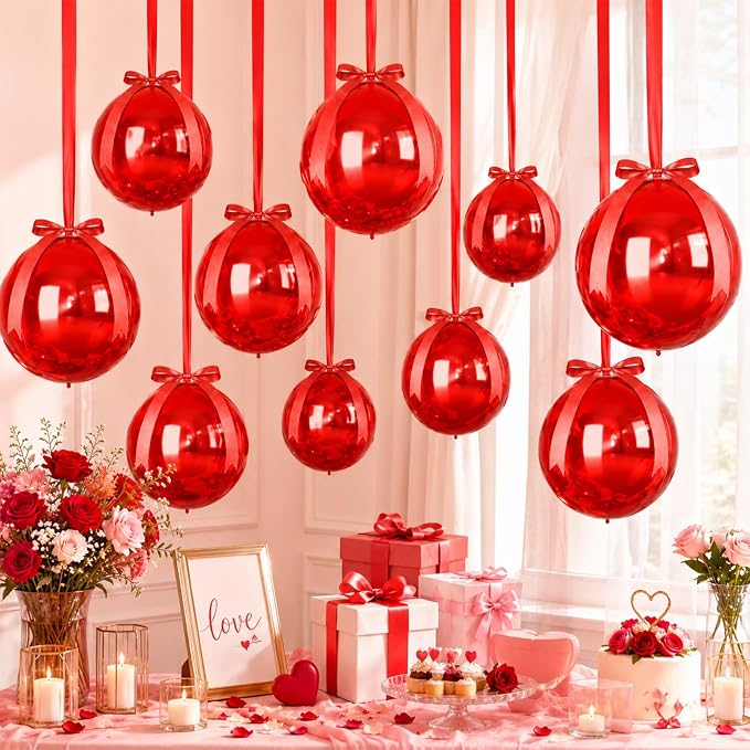 Red Round Foil Balloons with Satin Bows and Ribbon - Image 5