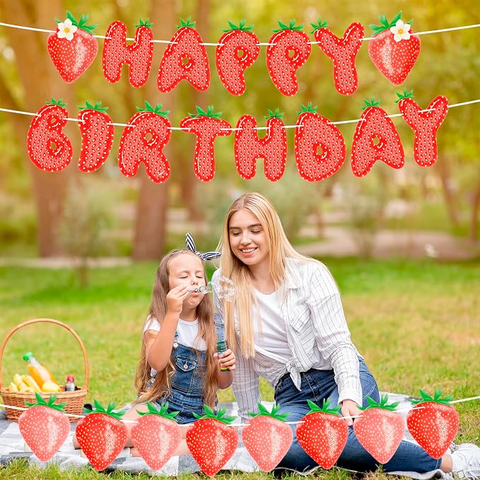MEETINGU Strawberry Happy Birthday Banner, Fruit Theme Party Decoration - Image 5