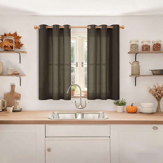 YoungsTex Dark Brown Linen Semi Sheer Curtains 45 Inches Length - Image 2