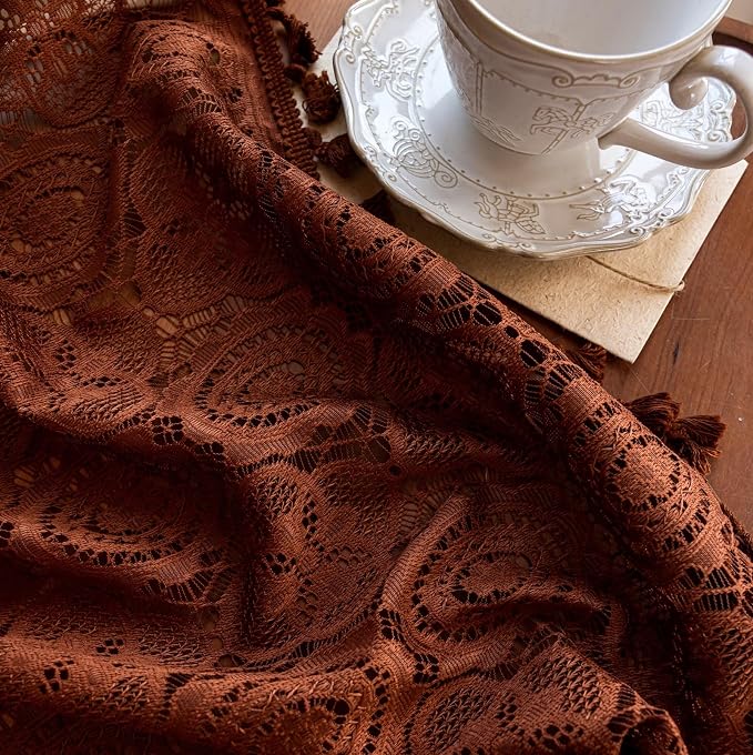YJ YANJUN Boho Lace Curtains, Camrel Brown Sheer Window Panels | Vintage Floral - Image 6