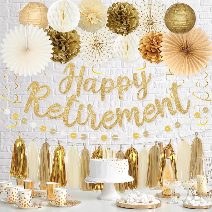 Roetyce Gold Retirement Party Decorations, Glitter Happy Retirement Banner | - Image 5