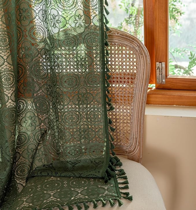 YJ YANJUN Boho Lace Curtains, Dark Green, 2 Panels | Vintage Floral Crochet - Image 2
