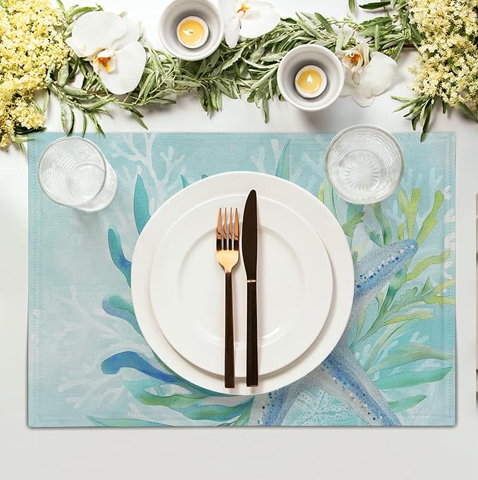 Nautical Coastal Placemats Set of 4 Ocean Coral Starfish Seagrass Beach Theme - Image 3