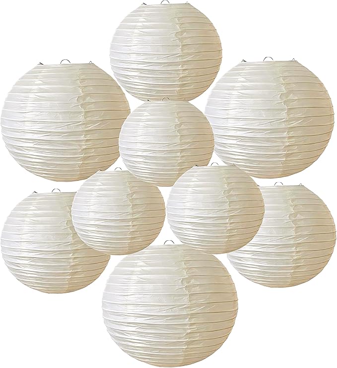 Cream Paper Lanterns 9Pcs Hanging Round Paper Lanterns Lamp by Unknown