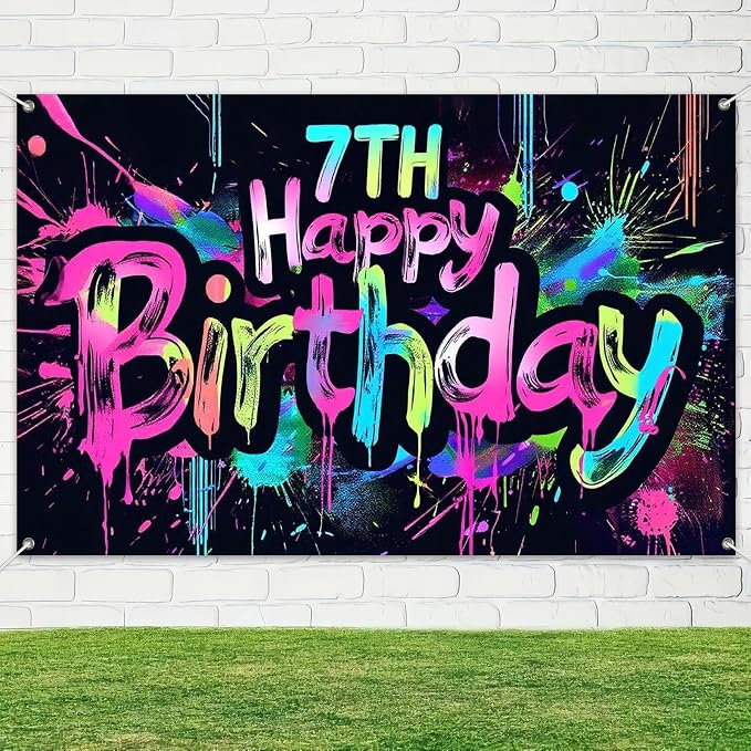 HOMETITUTE Happy 7th Birthday Decorations Banner 71x43 Inch | Neon Birthday - Image 4