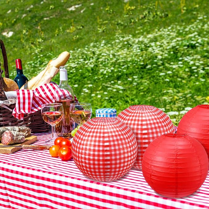 Blulu 6 Pcs Red Gingham Picnic Party Decorations Kit 12 Inch Checkered Round - Image 6