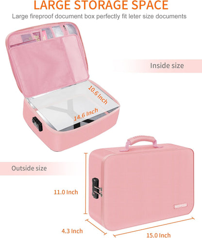 Noiposi Important Document Organizer, Waterproof and Fireproof Document Box with 7 Pockets File Folder,Portable Home Fire Safe Storage Box Case with Lock for Documents,File and Card,Pink