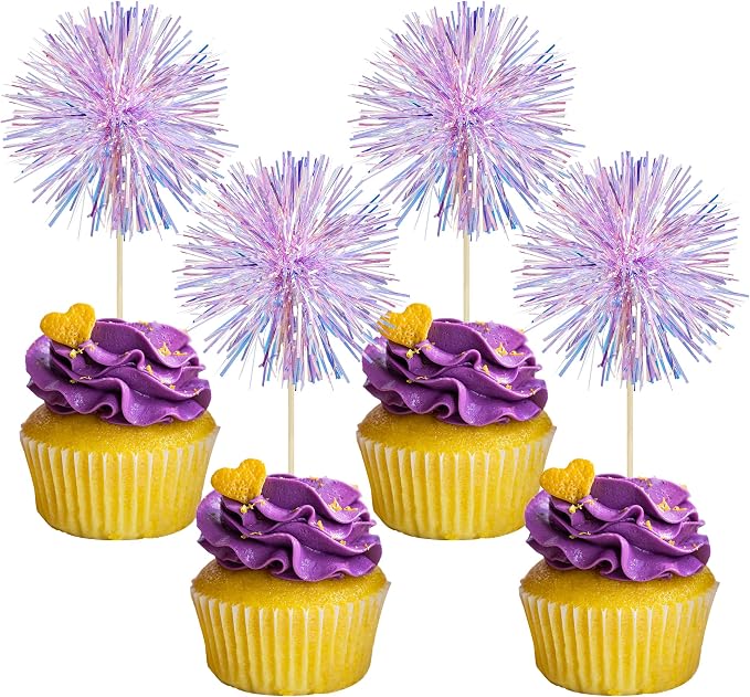 Gyufise 30Pcs Foil Firework Cupcake Toppers Sparkle Tinsel Cake Toppers Tinsel by Gyufise