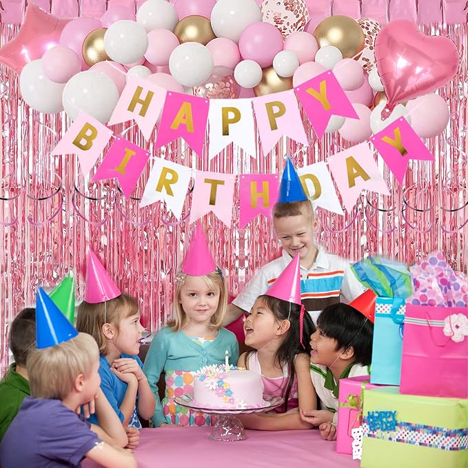Pink Gold Birthday Party Decorations, Happy Birthday Banner, Heart Star Foil - Image 3