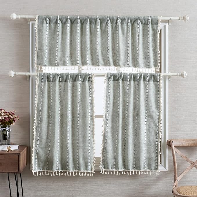 RoomTalks Green Boho Farmhouse Kitchen Curtains 45 Inch Length French Striped - Image 3