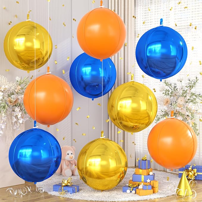 Orange Blue Gold Round Foil Balloons 9 pcs, Metallic Giant 4D Round Balloons 22 by Cledeco