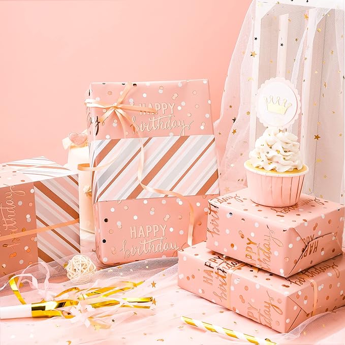 LeZakaa Reversible Pink Birthday Wrapping Paper Roll for Girls Women, Happy Birthday Lettering & Stripe Pattern with Metallic Foil in Pink, Large Roll, 30 inches x 32.8 Feet (92.9 sq.ft.)