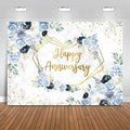 Happy Anniversary Backdrop 7x5ft Blue and White Flowers Wedding Anniversary by Fitumiw