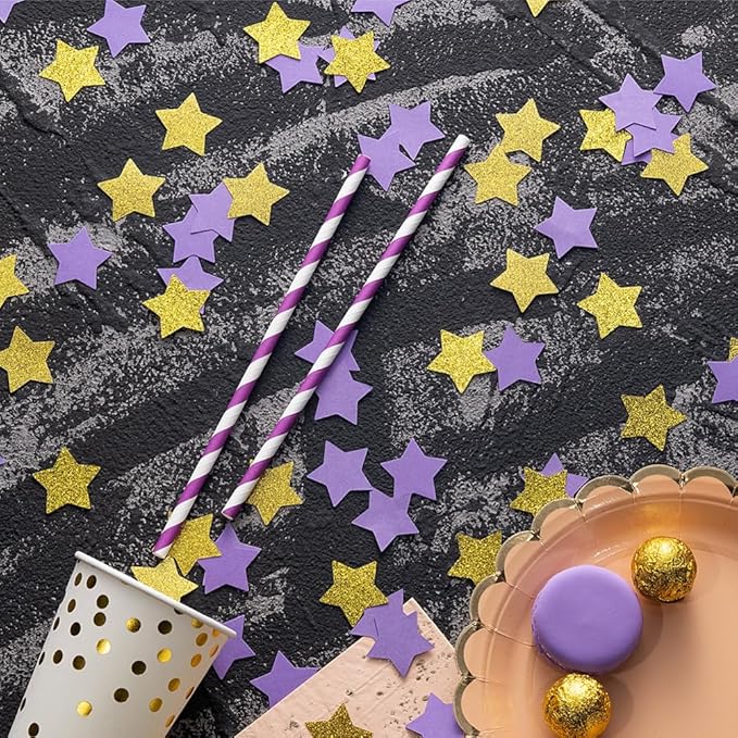 Gold and Purple Star Confetti Table Decoration for Graduation Birthday Retirement Wedding Pride Theme Party,1.2 inch in Diameter,200 Counts