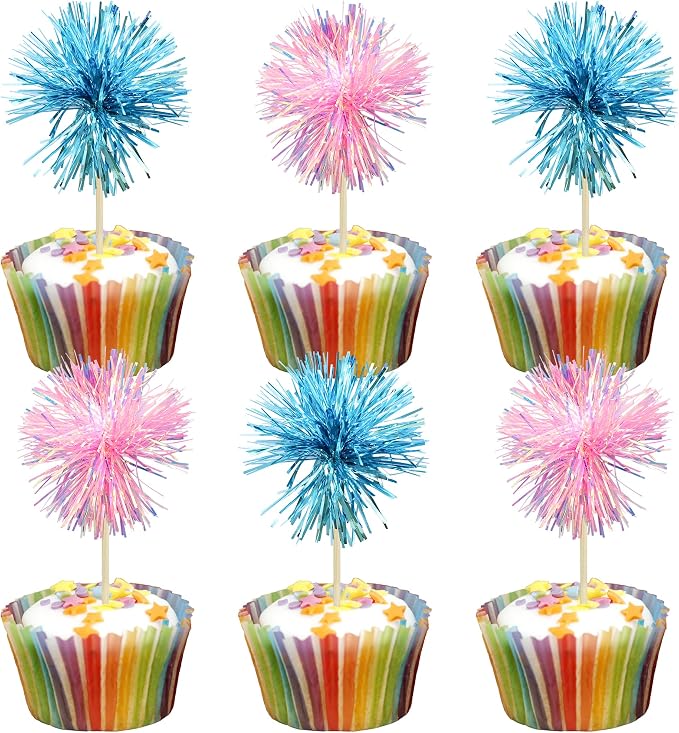 Gyufise 30Pcs Foil Firework Cupcake Toppers Sparkle Tinsel Cake Toppers Tinsel by Gyufise