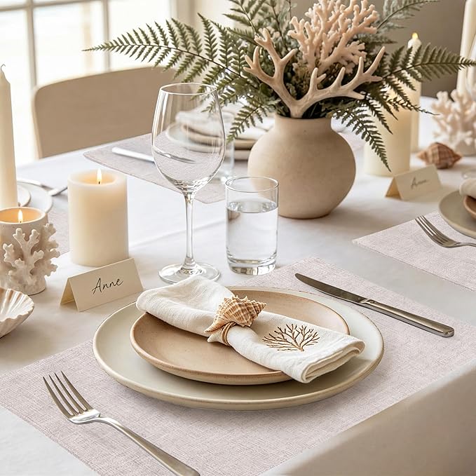 Faux Cotton Linen Placemats Set of 6, Cloth Washable Farmhouse Dining Table Mats - Image 2