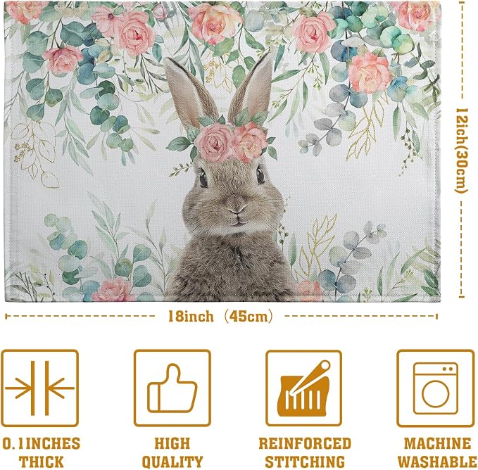 Easter Bunny Placemats Set of 4 Eucalyptus Leaves Rabbit Rose Place Mats 12x18 - Image 4