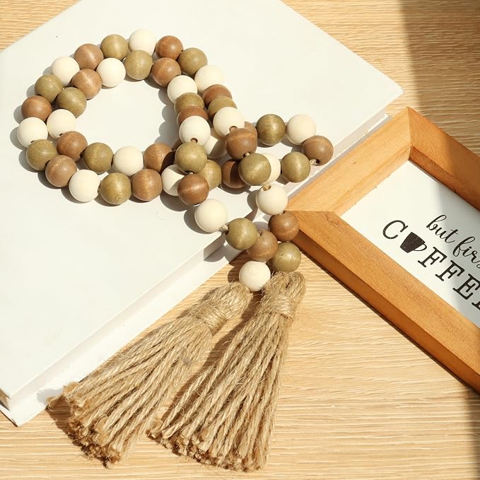 Meplait Wood Bead Garland, 39in Decorative Tassels Garland, Coffee&Natural | - Image 3